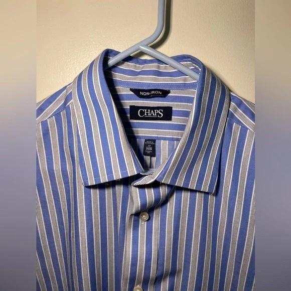 Chaps men’s dress shirt blue white striped classic fit 17 34/35 non-iron - Picture 2 of 5